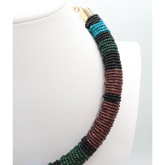 TALBOTS Seed Bead Wrapped Chunky Necklace w/ Gold Tone Chain Teal Black Brown - Picture 4 of 6
